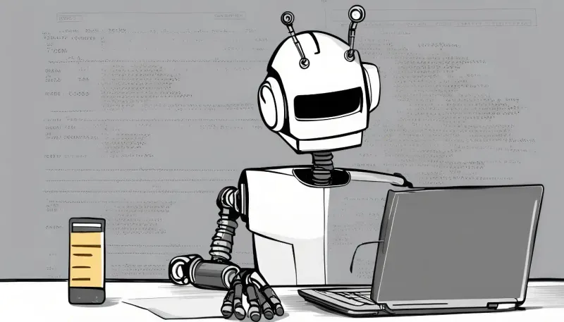 A robot writing on a computer